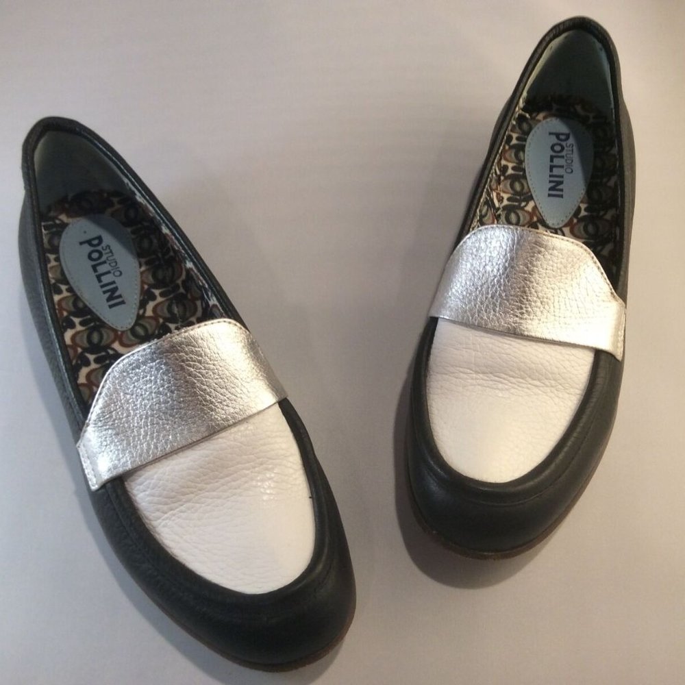 Studio Pollini Italy Women's SZ 37(6.5) Black/White/Silver Leather Loafers Shoes